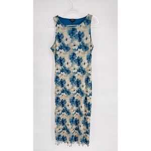 Bebe Floral Mesh Maxi Dress Blue Tan Sleeveless Stretch Midi Length Sz M
